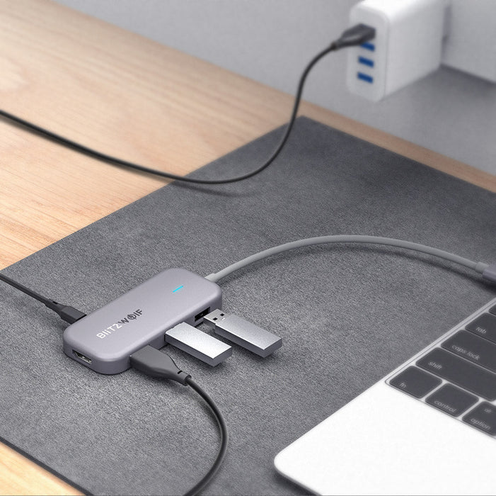 BlitzWolf BW-TH5 7-in-1 USB-C Data Hub - 3-Port USB 3.0, TF Card Reader, USB-C PD Charging, 4K Display - Ideal for MacBooks, Notebooks, and Pros - Shopsta EU